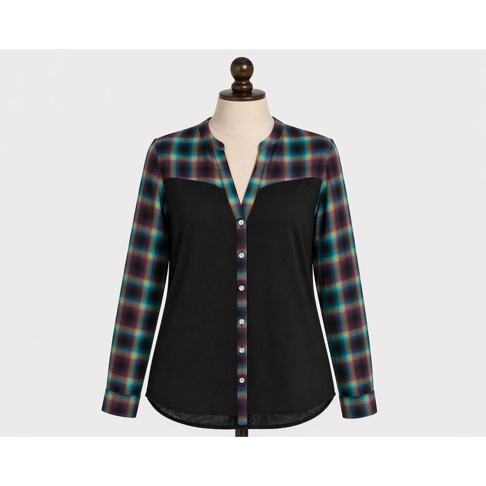 Roper Womens Large Western Shirt Black Plaid Lace Yoke Button Front Long Sleeve